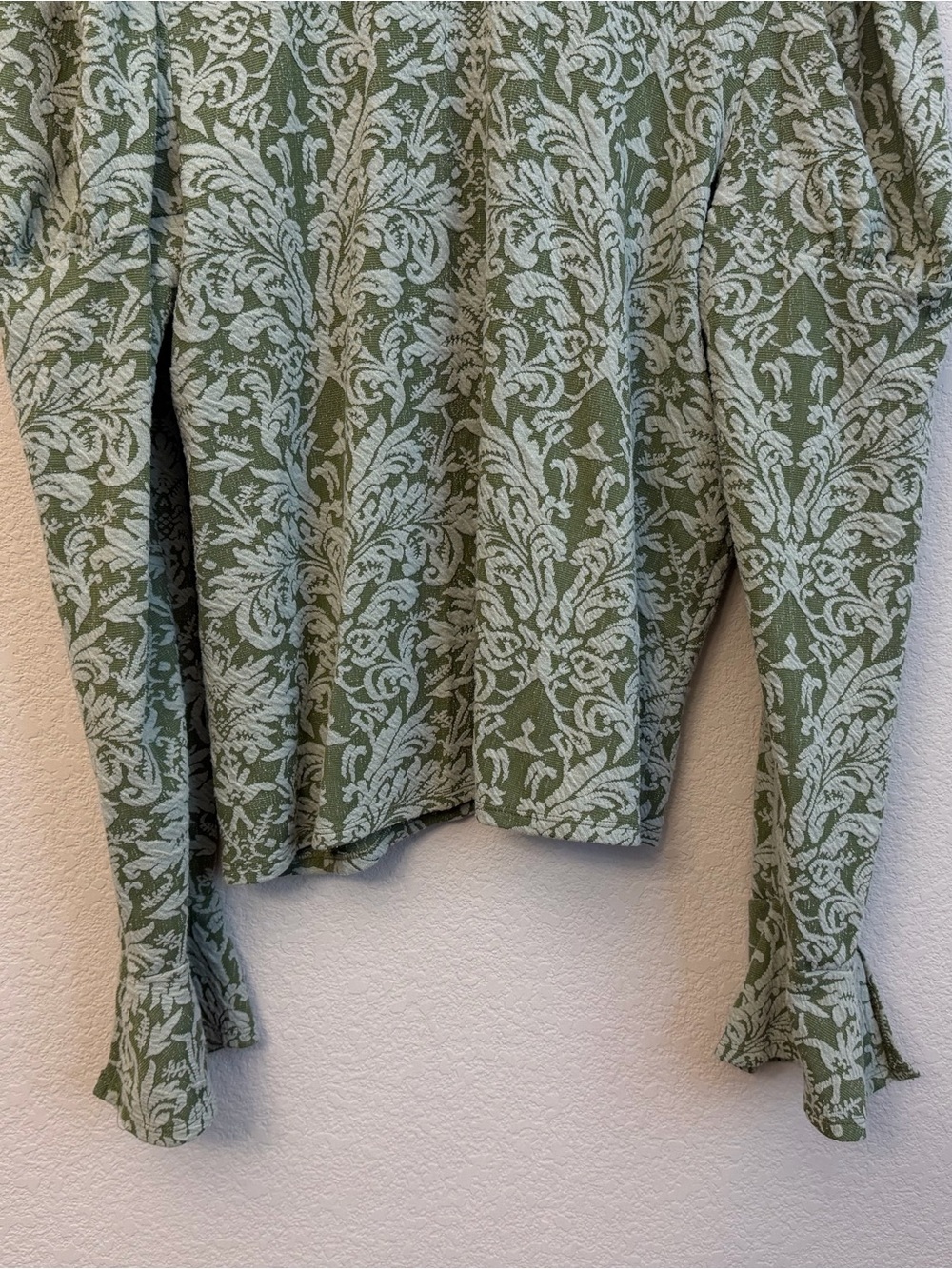 Anthropologie Olive Green Jacquard Puff-Sleeve Turtleneck Top Sz XL - Picture 4 of 11